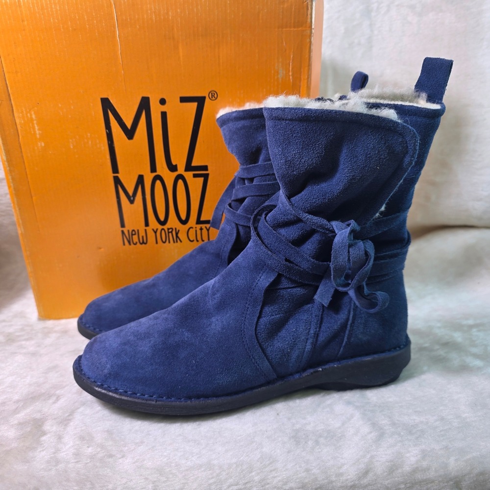 Miz Mooz Prance Suede Faux Fur Ankle Boots Royal Blue Strappy Women 39 8 NEW